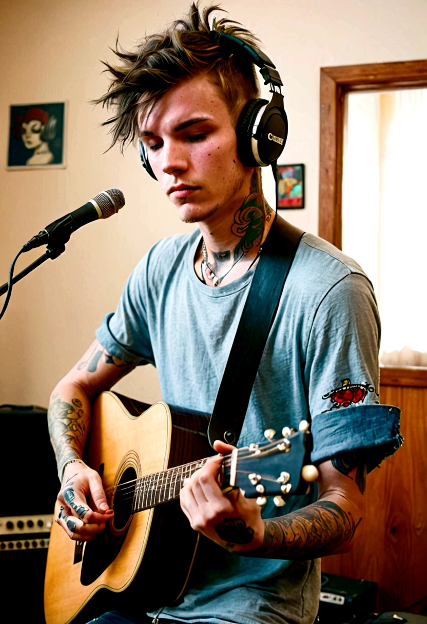 A young man is playing an acoustic guitar in a room that looks unkempt and messy, he wears large Headphones in his ears, has short hair, ((stout body)), and has tattoos on his arms.