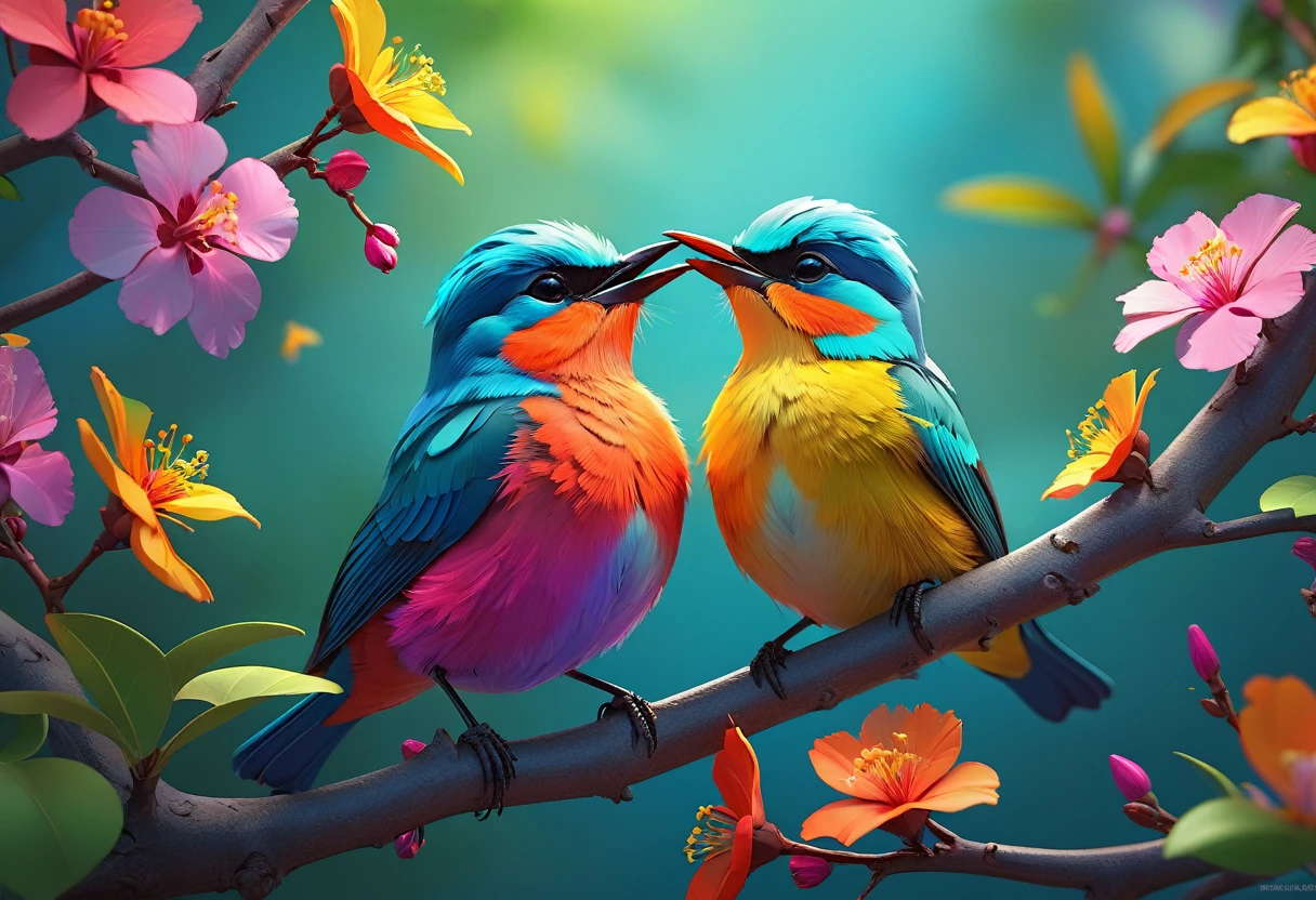 Two beautiful little colorful birds sitting on a tree branch with flowers in the background, Kissing, like, Beautiful digital art, Colors with attention to detail, Highly detailed digital artwork, cgsociety, 3DCG,Highly detailed color low poly art, Highly detailed digital art, Vibrant and realistic colors, Beeple and Jeremiah Kettner, Colorful digital painting, Amazing digital illustrations, high quality digital painting