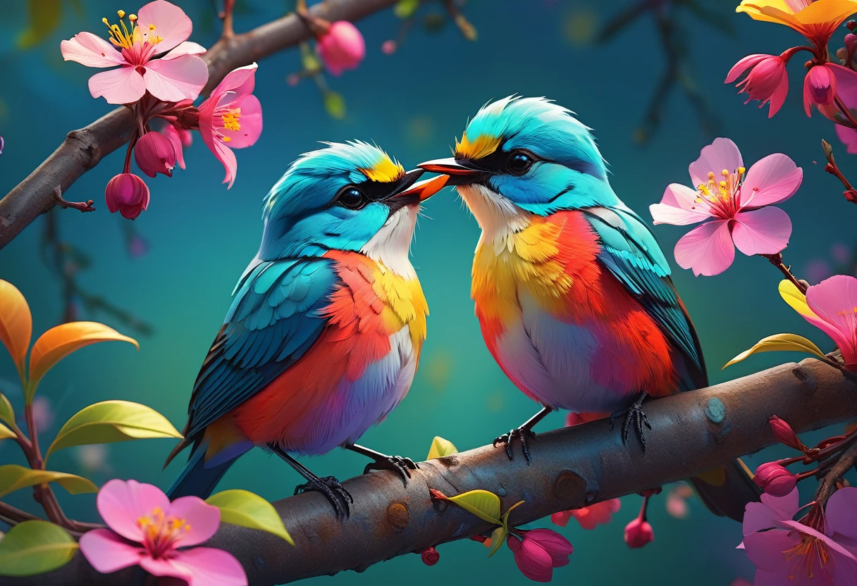 Two beautiful little colorful birds sitting on a tree branch with flowers in the background, Kissing, like, Beautiful digital art, Colors with attention to detail, Highly detailed digital artwork, cgsociety, 3DCG,Highly detailed color low poly art, Highly detailed digital art, Vibrant and realistic colors, Beeple and Jeremiah Kettner, Colorful digital painting, Amazing digital illustrations, high quality digital painting