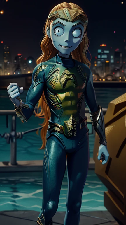 best quality,masterpiece,1boy,solo,(((13years old))),japanese boy,an extremely cute and handsome boy,highly detailed beautiful face and eyes,petit,cute face,lovely face,baby face,shy smile,show teeth, Blonde hair,long hair,flat chest,skinny,slender,(((wearing Aquaman costume))),(((standing in Dark Midnight TimBurton animation style metropolis city))),he is looking at the viewer,