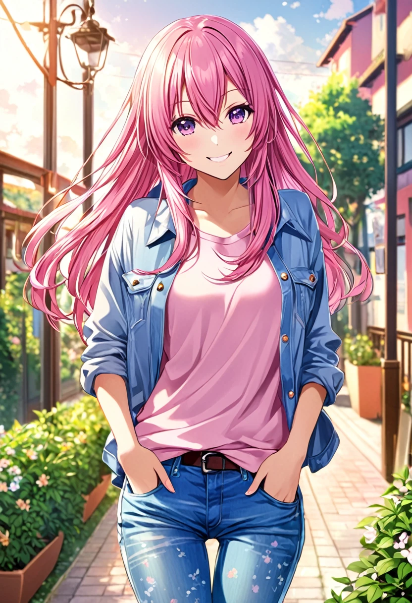 Megurine Luka casual clothes, colorful jeans, morning smile