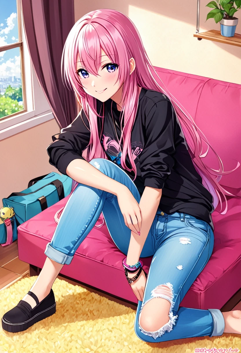 Megurine Luka casual clothes, colorful jeans, morning smile
