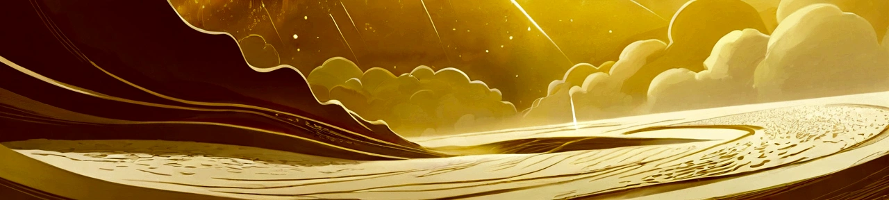 In the empty desert，Laser beams penetrate clouds and reach the sea，There are many golden particles floating in the air.，mysterious atmosphere，Fuzzy abstract future aesthetic minimalism, simple drawing, dyeing