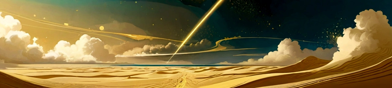 In the empty desert,Laser beams penetrate clouds and reach the sea,There are many golden particles floating in the air.,mysterious atmosphere,Fuzzy abstract future aesthetic minimalism, simple drawing, dyeing