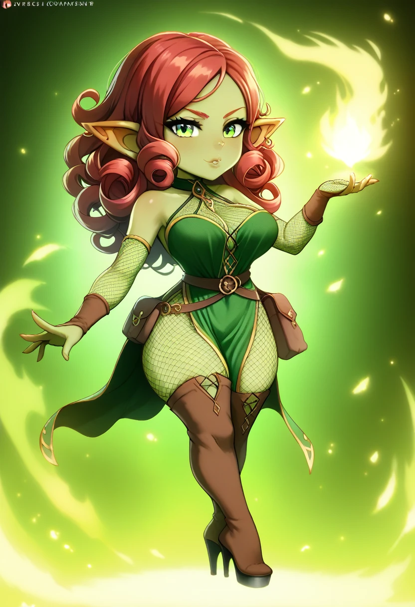 Girl, goblin girl, goblin, green skin, short, short stature,long hair, red hair, curly hair, large breasts, long gloves, thigh boots, pouty lips, masterpiece, best quality, sexy, dynamic pose, 8k, shortstack, sfw, shiny, fantasy, dungeons and dragons, high heels,  fishnets, holding, dark green skin, adventurer, sexy pose, sorcerer, sorceress, pyromancer, fire, magic, long sexy colorful dress, thigh pouch, very curly hair, lots of belts,