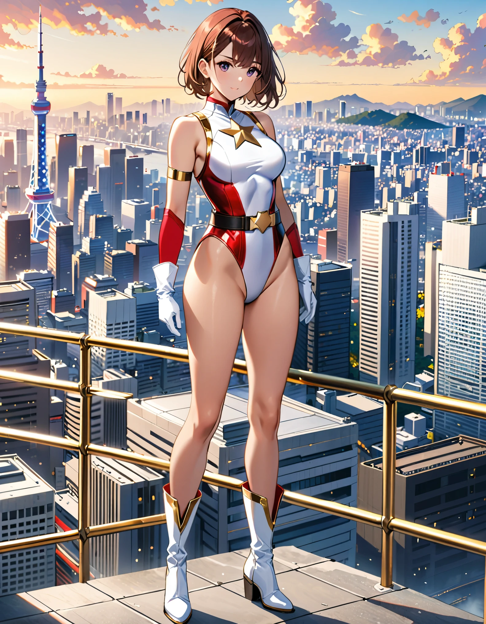 (masterpiece), (best quality), (high res), medium breasts, ((leotard, white and red leotard, matching leotard, sleeveless, bare legs)), ((tight belt, gold belt)), ((boots, matching boots, ankle-high boots, white boots)), ((gloves, white gloves)), city backdrop, tokyo city backdrop, solo, solo focus, standing, (full body), cowboy shot, superhero, ((beautiful detailed eyes)), ((gold star symbol on chest)), (brown hair, medium hair, bob hair, purple eyes), (perfect hands, perfect anatomy), cowboy shot, superhero, ((beautiful detailed eyes)), full body costume design.