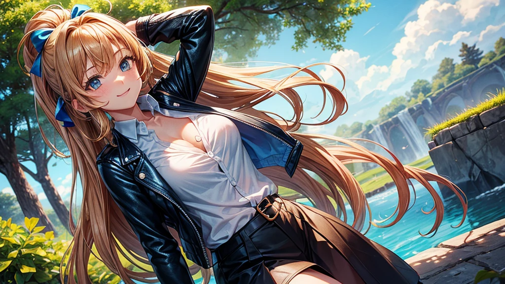 1girl, solo, full body, summer, village, trees, sun, clouds, fantasy, ((chestnut hair)), ponytail, big full breasts, ((opened blue leather jacket)), button down shirt, ((white shirt)), ((short sleeved shirt)), ((unbuttoned shirt)), unbuttoning buttons, cleavage 1:3, blue eyes, skirt, smile, looking at the viewer, standing, hair ribbon, golden necklate