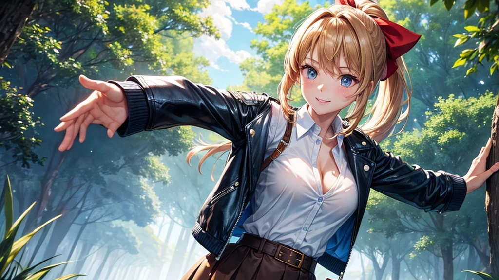 1girl, solo, full body, summer, village, trees, sun, clouds, fantasy, ((chestnut hair)), ponytail, big full breasts, ((opened blue leather jacket)), button down shirt, ((white shirt)), ((short sleeved shirt)), ((unbuttoned shirt)), unbuttoning buttons, cleavage 1:3, blue eyes, skirt, smile, looking at the viewer, standing, hair ribbon, golden necklate