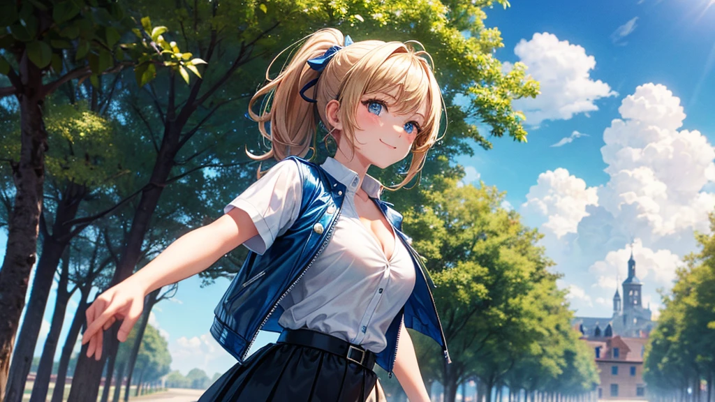 1girl, solo, full body, summer, village, trees, sun, clouds, fantasy, ((chestnut hair)), ponytail, big full breasts, ((opened blue leather jacket)), button down shirt, ((white shirt)), ((short sleeved shirt)), ((unbuttoned shirt)), unbuttoning buttons, cleavage 1:3, blue eyes, skirt, smile, looking at the viewer, standing, hair ribbon, golden necklate