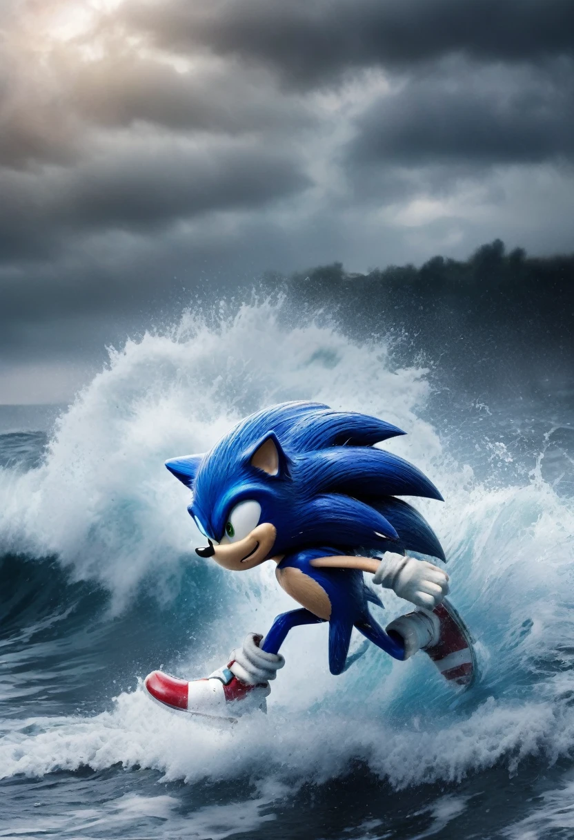 epic cinematic shot of dynamic, dark and unsettling dream showing sonic the hedgehog, impressionist water color tidal wave. best quality, high resolution. created by genius but depressed mad artist. grim beauty, in motion. main subject of high budget action movie. raw photo, motion blur. best quality, high resolution, inspired by courage and unlimited creativity. truth found in chaos