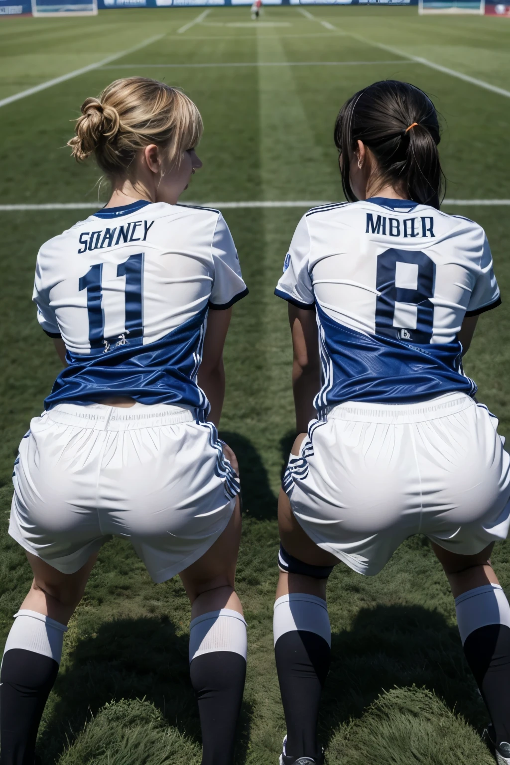 Three soccer players turning their backs to the shot, the one on the left with number 8, the one in the middle that is a little higher and with the number 22, the one on the right with number 10.