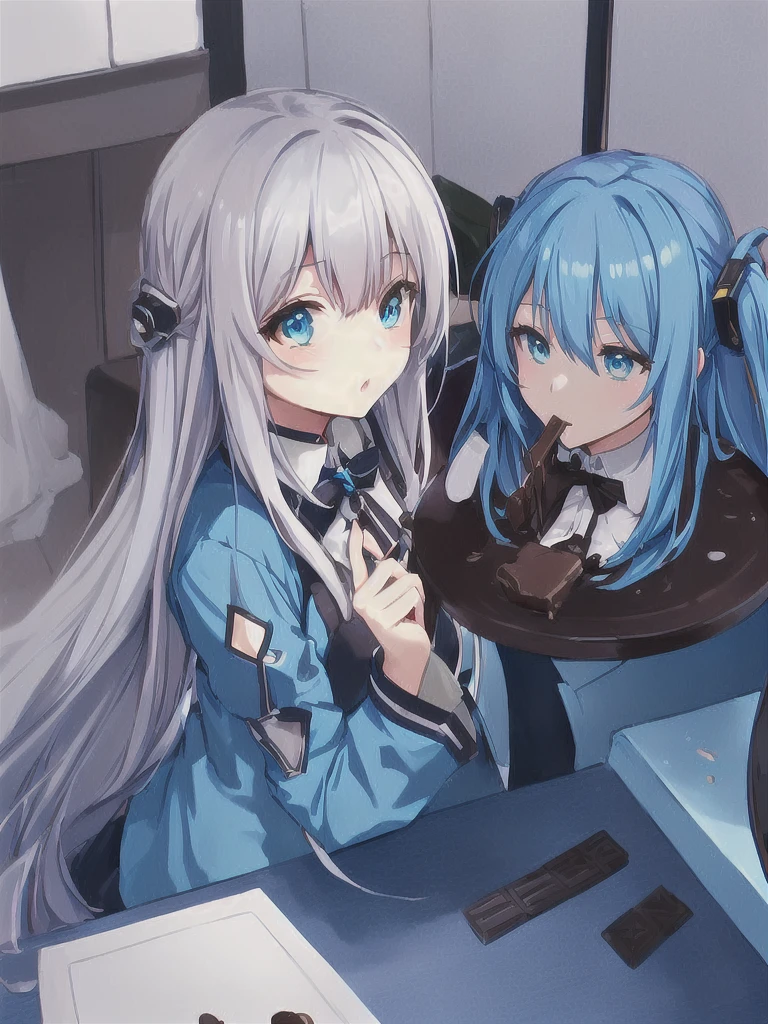 Long blue haired anime girl eating chocolate fountain at table, Zerochan Art, splash art anime change, Detailed fan art, Girls Frontline Style, From Girls Frontline, High quality fan art, Perfect white hair girl, change, Anime Style 4k, nyaruko-san, everyone, Cute Anime Girl, , Smooth anime CG art