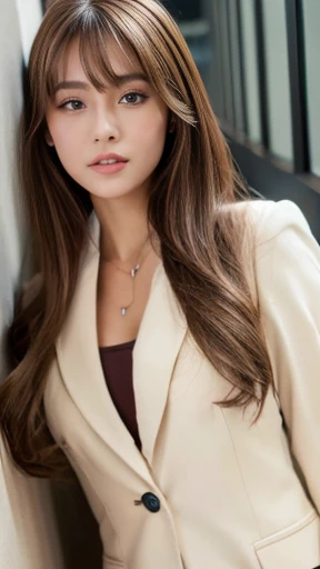 Best quality, 8k, ,Masterpiece :1.3)), facing viewer,((full body1.2)) ,pretty woman, wide shot ,1girl, , selfie , Office,, suits, brown hair , bangs,ultra-detailed face, highly detailed lips, detailed eyes, double eyelid