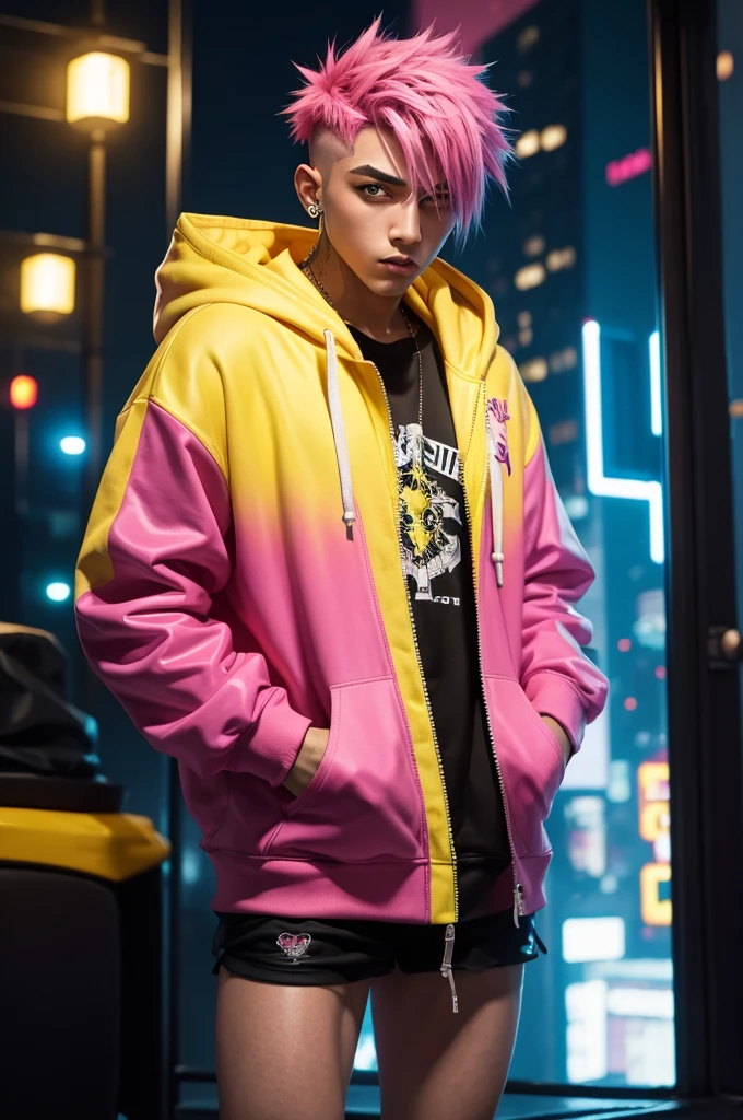 Gangster boy with spiky pink hair and yellow Cyberpunk-style hoodie in Night City 