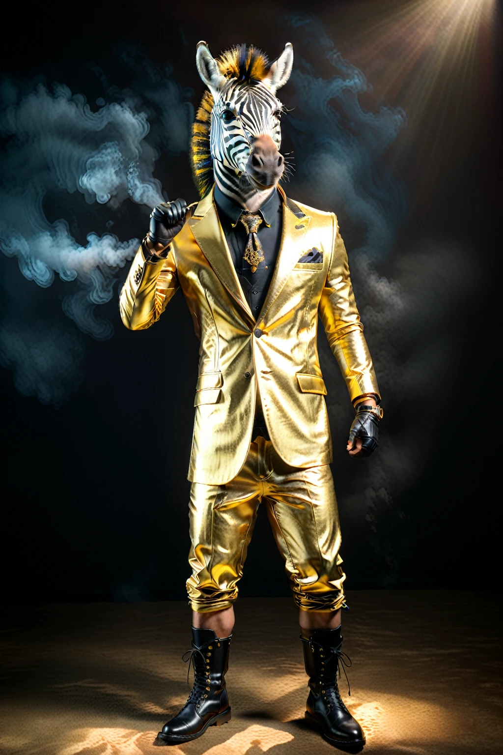 

So you can edit it later、An anthropomorphized zebra wearing a gold suit and sunglasses with a space above his head。金色スーツのセットアップにサングラス
金色のスーツにサングラスのファッションでド派手な装飾した独特のポーズをする

The background is darkに怪しげな金色の煙、A mysterious golden light shines through it. The character is also illuminated and clearly visible. Create an image with this composition according to the following rules.。
 High resolution textures、Texture、Realなディテール、
The background is dark、Mysterious and、There is a good atmosphere、Dramatic lighting and high contrast images、Extremely high resolution to create photo-realistic card game patterns。
The design will be surrounded by a border、80 from the center of the space so that the character is not hidden%Please。
Use indirect lighting and textured backgroundake the central character stand out。
Full body portrait、Dynamic pose。
 にかくテクスチャがRealで細かいファッションの服。
Fashionable sneakers、boots、Sandals、hat、Smoke Accessories Necklace、Earrings、ring、bandana car、bike、Tattoos etc.、Choose according to your outfit and mood。
Real、8K




(masterpiece、Highest quality、high detail、超Real:1.2)、 
Anthropomorphic animals、Full body portrait

(Photorealistic:1.4), Cinematic lighting, 8K  UHD、 
Professional Photography、

(詳細な毛皮のTexture:1.3), Expressive eyes、 
Designer clothing、Luxury Brands、 
(Perfect tailoring:1.2), High Fashion Accessor
Moody atmosphere、Dramatic Shadows、 
High contrast lighting、Depth of written boundary、
Film Grain、Color Grading、

(Color Palette：1.3）、（Calm earth colors：1.2）、 
(Rich Brown：1.1）、（Deep Gray：1.1）、（subtle gold accents：1.0）、
(warm color：1.1）、（Color harmony：1.2）、

(Soft diffused lighting：1.2）、（Rim lighting：1.1）、
(Volumetric Lighting:1.0), (Ambient Occlusion:1.1)