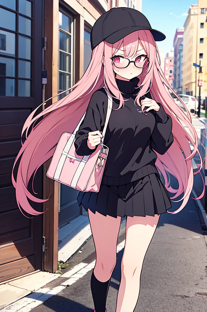 pink hair black glasses pink eyes extremely blushing a big pink sweater short black skirt black stockings white tennis shoes that is a reserved girl that is pouting