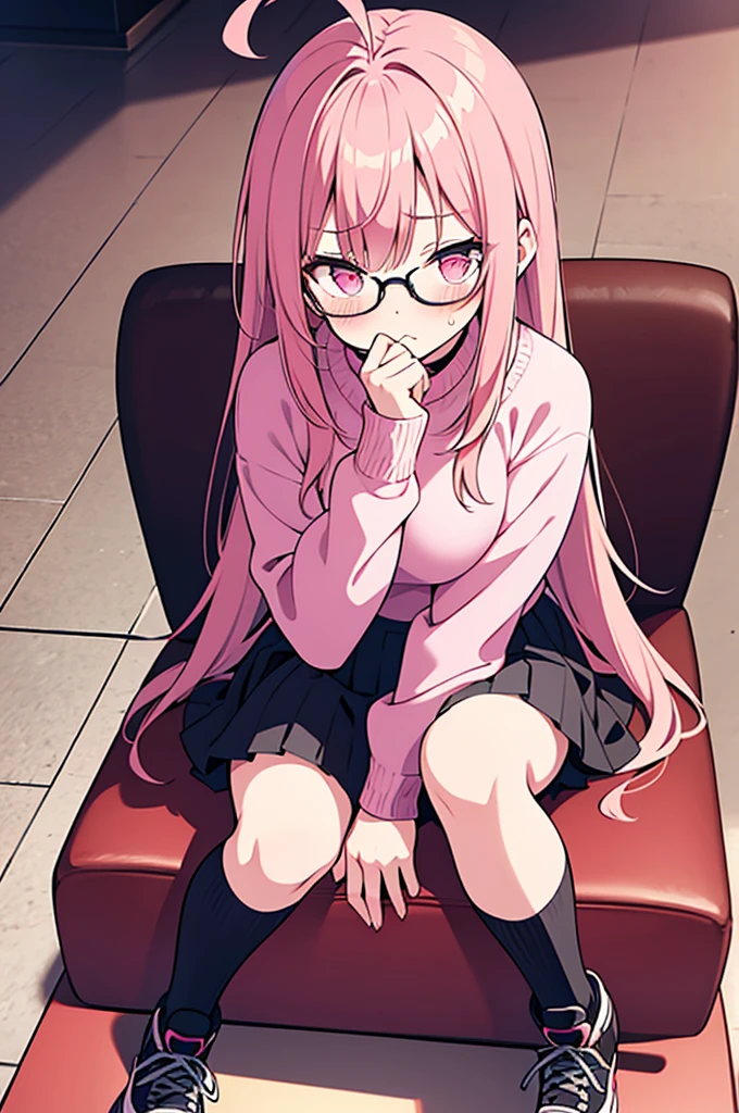 pink hair black glasses pink eyes extremely blushing a big pink sweater short black skirt black stockings white tennis shoes that is a reserved girl that is pouting
