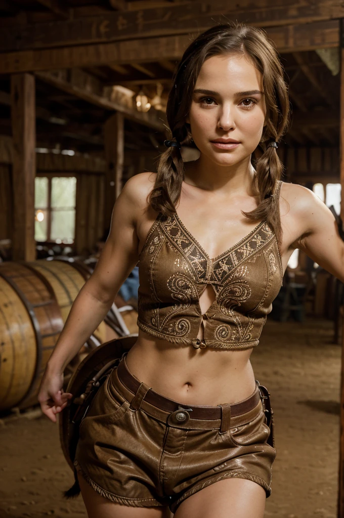 Hyper-realistic full-body shot photo. Happy young teenager Natalie Portman with a straight brown bob haircut in two swirling pigtails, is riding a furious rodeo horse, in a Texas ranch. She is dressed as a hot wild west outlaw. Hyper-realistic face and body. Hyper-intricate details in the hair. Extreme accurate details on the skin, face, hair and mouth.