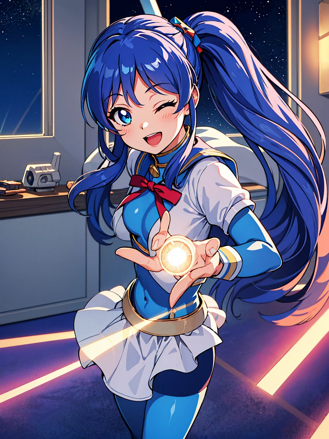 aikatsu,（Overhead view),dynamic angle,ultra-detailed, illustration, close-up, straight on, 1girl, ((blue souryuu asuka langley, interface headset, blue bodysuit:1.4, blue)),Her eyes shone like dreamy stars,(glowing eyes:1.233),(beautiful and detailed eyes:1.1),(expressionless),(standing), (masterpiece, best quality, ultra high res, perfect anatomy, extremely detailed), BREAK, 1girl, , red eyes, side_Ponytail, blue hair, very large ribbon in hair, idol costume, BREAK, (finger pointing), (full face), one eye closed, (open mouth), glow eyes, smile, stage light, (mechanic room with toolsand spaceship windowin a white SPACESHIP), (night:1.2),dreamy, [[delicate fingers and hands:0.55]::0.85],(detail fingers),