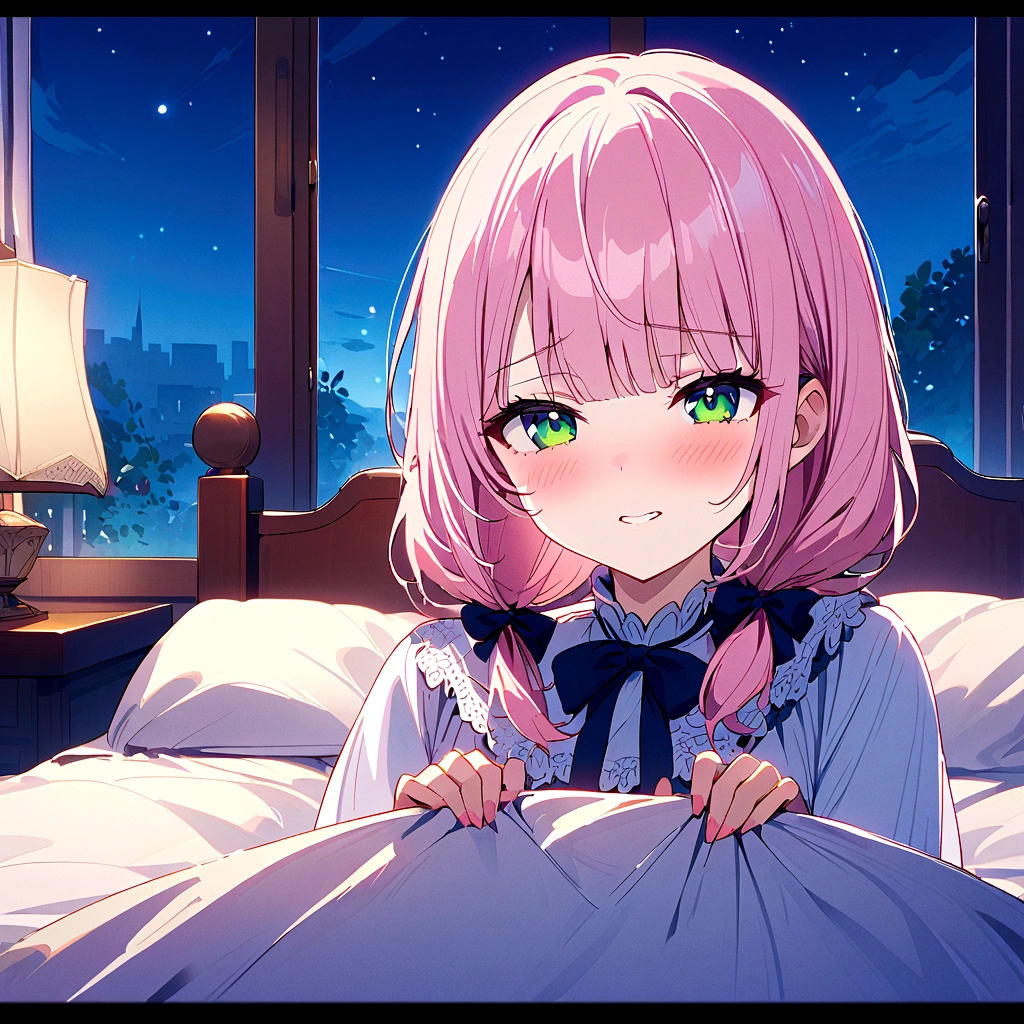 A scene from a movie、A full shot of the inn、night、窓からnight景、Put the whole girl in the frame、Sit on the bed、Beautiful girl waiting for sex、Flushed face、Pink Hair、Twin Drill
