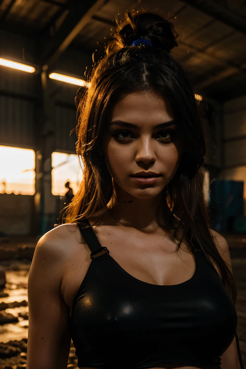 huge underground warehouse, techno raver, looking badass, no blur, 8k - night time - party time, no blurry eyes, female model, clear faces, HD, realism, sunset