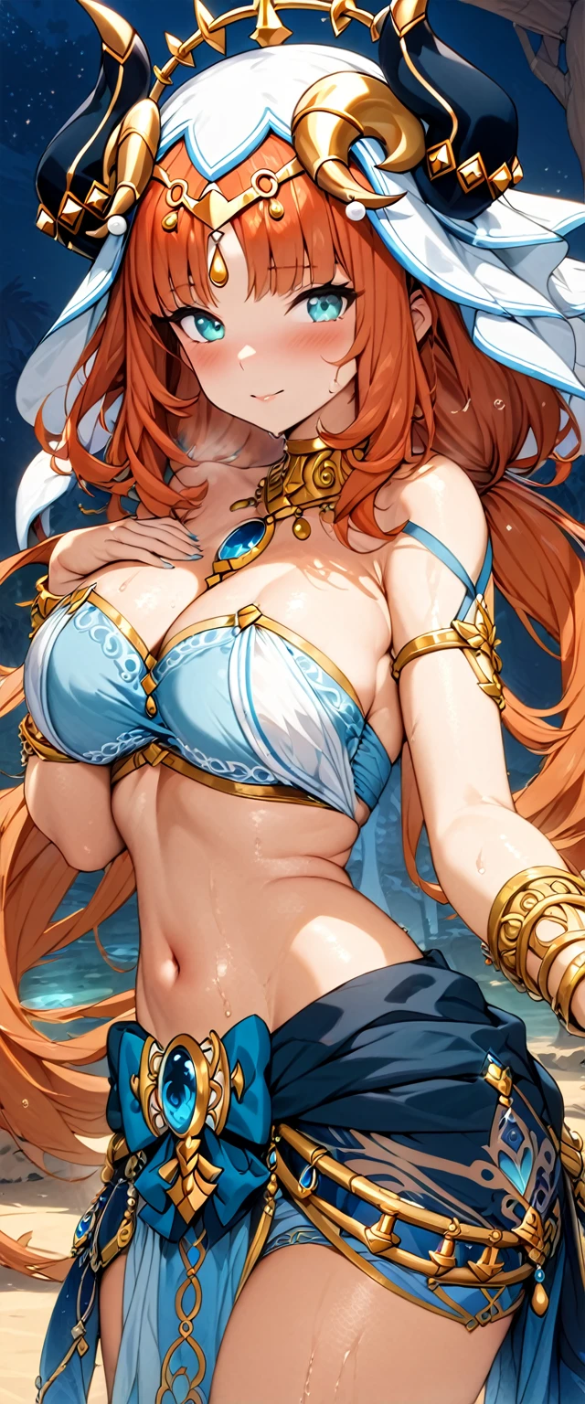 (masterpiece), (highest quality), (illustration), (super detailed), (high resolution), absurdity, 1girl, nilou,genshin impact,seductive smile,blush,strap gap,pelvic curtain,night,desert oasis,standing,looking at viewer,cleavage,hair ribbons,star necklace,bangles,cowboy shot,right hand on chest,(outstretched left hand to viewer:1.2), ornate clothes,(strapless top:1.4),circlet, dancer veil, jewelry, navel,harem outfit,wet,big breasts