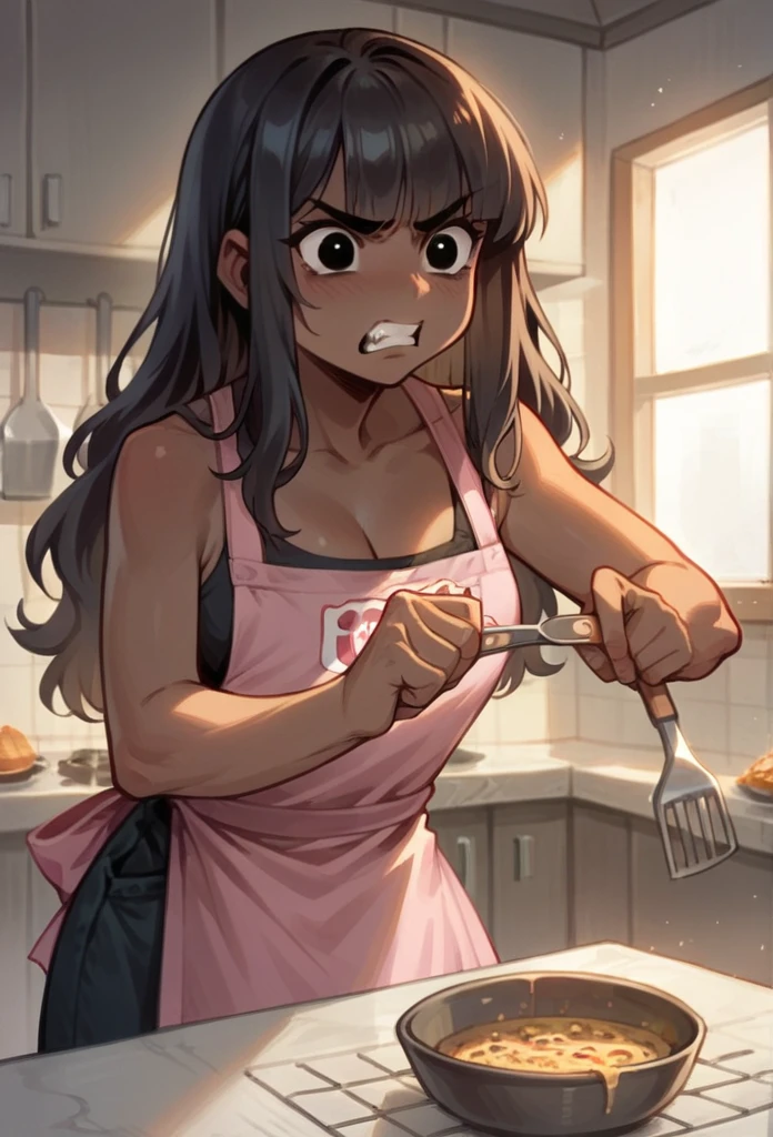 black girl, dark skinned girl, skin black. long hair, black and with fringe. Big black eyes. angry and cute expression, wearing a pink apron, cooking in a kitchen