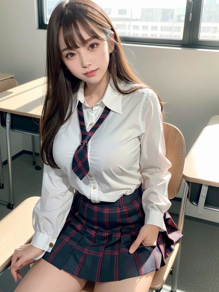 8k,best quality, masterpiece, ultra detailed, ultra high res, photorealistic, raw photo, absurdres, absolutely resolution, 1girl, full body, looking at viewer,a Japanese young pretty woman, hyper cute face, glamorous figure, large breasts,long bob hair,smile,(school uniform:1.3),beautiful eyes, ,windy, (I'm sitting in a chair in a classroom:1.3),glossy lips, double eyelids in both eyes, natural makeup, long eyelashes, shiny smooth light brown long bob hair, asymmetrical bangs, shiny skin, central image, high resolution, high detailing, detailed hairstyle, detailed face, spectacular movie lighting, octane rendering, vibrant, hyper realistic, perfect limbs, perfect anatomy