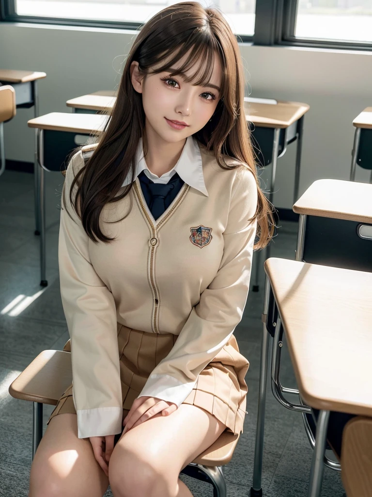 8k,best quality, masterpiece, ultra detailed, ultra high res, photorealistic, raw photo, absurdres, absolutely resolution, 1girl, full body, looking at viewer,a Japanese young pretty woman, hyper cute face, glamorous figure, large breasts,long bob hair,smile,(school uniform:1.3),beautiful eyes, ,windy, (I'm sitting in a chair in a classroom:1.3),glossy lips, double eyelids in both eyes, natural makeup, long eyelashes, shiny smooth light brown long bob hair, asymmetrical bangs, shiny skin, central image, high resolution, high detailing, detailed hairstyle, detailed face, spectacular movie lighting, octane rendering, vibrant, hyper realistic, perfect limbs, perfect anatomy