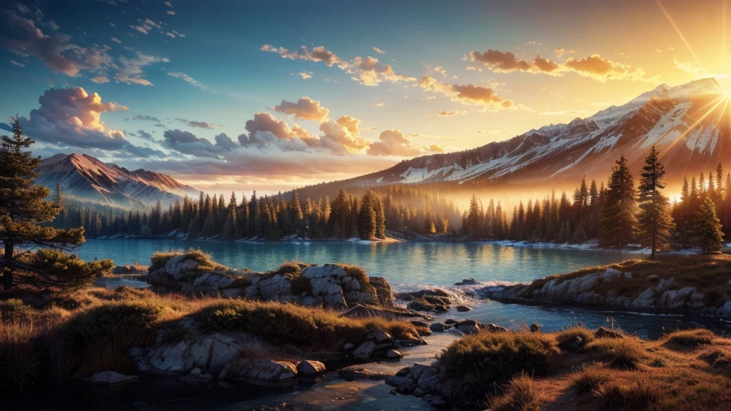 photorealistic landscape, natural landscapes, naturals, Natural Beautys, golden sunset, sky, sky Power, Detailed realistic sunset, Cedars, Cedar, God's city, Heavens Realm, mountainous landscape, Rivers of water, sunset Realism, natural treess, alone men, man on his back, man's back, panorama, Alpha Male, Caminho para o sky, heavenly, 8K Detailed Realistic Image, 16K Photorealistic Contrast, 8K Photorealistic Sharpness, Photorealistic 4K cores, 16K Photorealistic Shadows, 8K Photorealistic Textures, 16K Photorealistic Texture, 4K Photorealistic Light, 4K PhotoRealism, FullHD 4K Detailed Contrast, detailed sharpness FullHD 8K, detailed sharpness FullHD 4K, detailed sharpness, 2K detailed colors, lifelike colors, FullHD Detailed Shadows, 4K Detailed Textures, detailed texture, padoru, natural beautifuls, posh