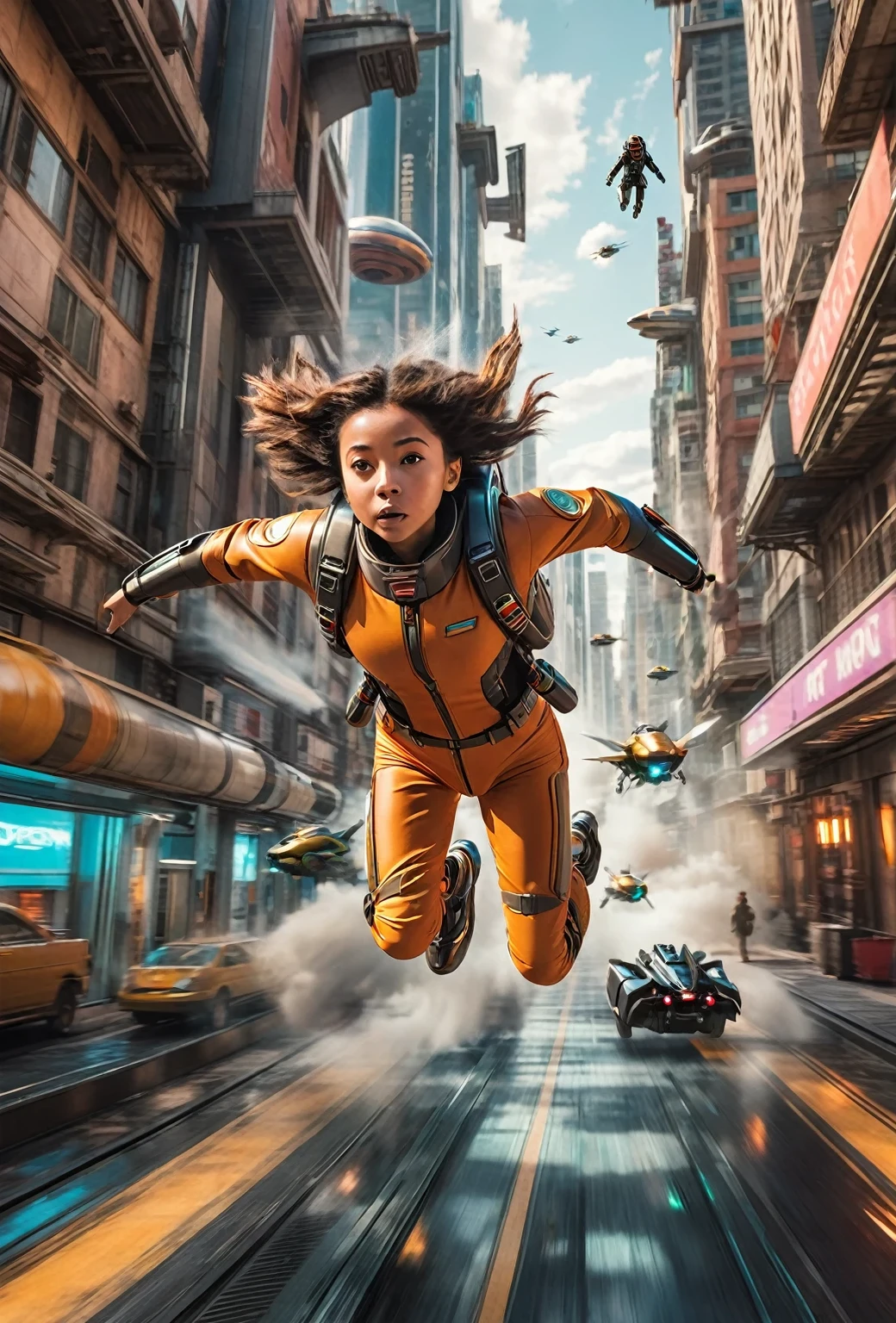 fine hands ,  open hands , Action shot, motion blur, A bold , Flying over futuristic city with a jet pack, Mimicking the style of Wes Anderson, high detail,

