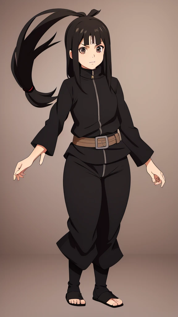5 year old Girl, Long black hair, Light brown eyes, black turtleneck, Black pants, Naruto-style ninja outfit,