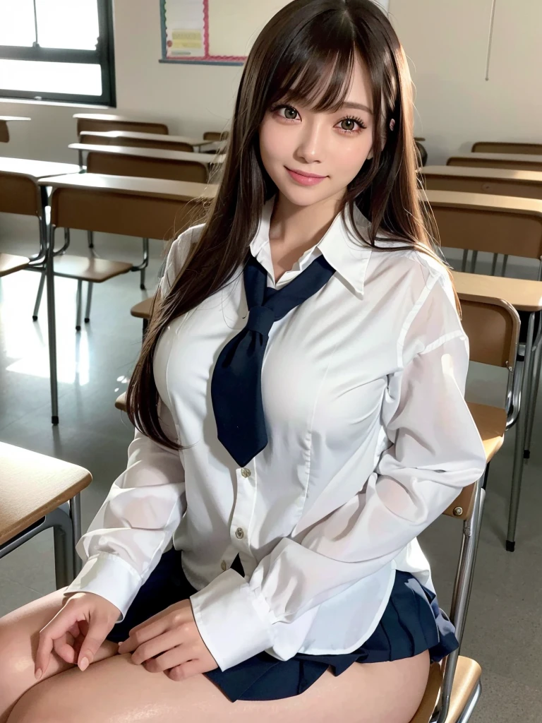 8k,best quality, masterpiece, ultra detailed, ultra high res, photorealistic, raw photo, absurdres, absolutely resolution, 1girl, full body, looking at viewer,a Japanese young pretty woman, hyper cute face, glamorous figure, large breasts,long bob hair,smile,(school uniform:1.3),beautiful eyes, ,windy, (I'm sitting in a chair in a classroom:1.3),glossy lips, double eyelids in both eyes, natural makeup, long eyelashes, shiny smooth light brown long bob hair, asymmetrical bangs, shiny skin, central image, high resolution, high detailing, detailed hairstyle, detailed face, spectacular movie lighting, octane rendering, vibrant, hyper realistic, perfect limbs, perfect anatomy