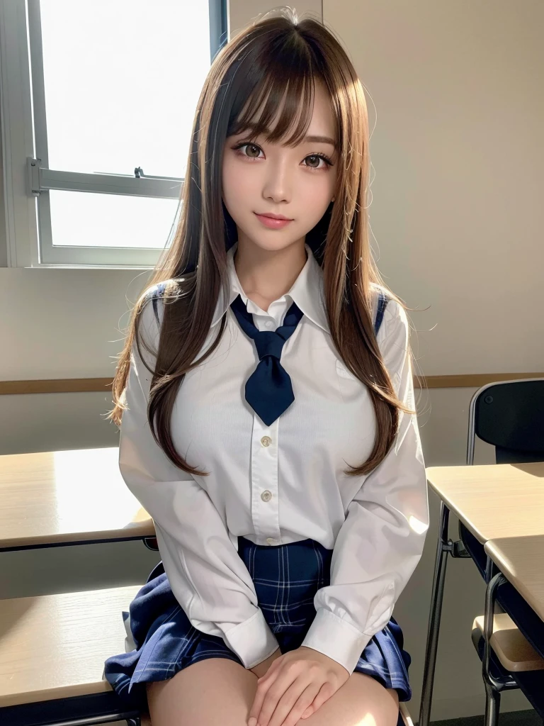 8k,best quality, masterpiece, ultra detailed, ultra high res, photorealistic, raw photo, absurdres, absolutely resolution, 1girl, full body, looking at viewer,a Japanese young pretty woman, hyper cute face, glamorous figure, large breasts,long bob hair,smile,(school uniform:1.3),beautiful eyes, ,windy, (I'm sitting in a chair in a classroom:1.3),glossy lips, double eyelids in both eyes, natural makeup, long eyelashes, shiny smooth light brown long bob hair, asymmetrical bangs, shiny skin, central image, high resolution, high detailing, detailed hairstyle, detailed face, spectacular movie lighting, octane rendering, vibrant, hyper realistic, perfect limbs, perfect anatomy