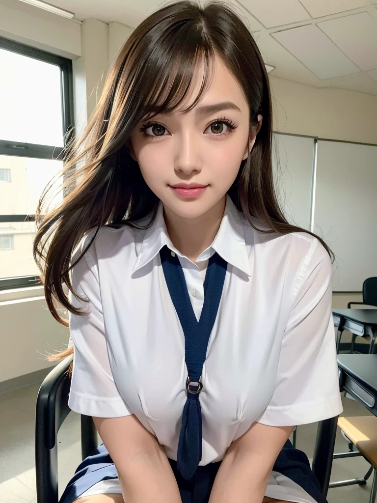 8k,best quality, masterpiece, ultra detailed, ultra high res, photorealistic, raw photo, absurdres, absolutely resolution, 1girl, full body, looking at viewer,a Japanese young pretty woman, hyper cute face, glamorous figure, large breasts,long bob hair,smile,(school uniform:1.3),beautiful eyes, ,windy, (I'm sitting in a chair in a classroom:1.3),glossy lips, double eyelids in both eyes, natural makeup, long eyelashes, shiny smooth light brown long bob hair, asymmetrical bangs, shiny skin, central image, high resolution, high detailing, detailed hairstyle, detailed face, spectacular movie lighting, octane rendering, vibrant, hyper realistic, perfect limbs, perfect anatomy
