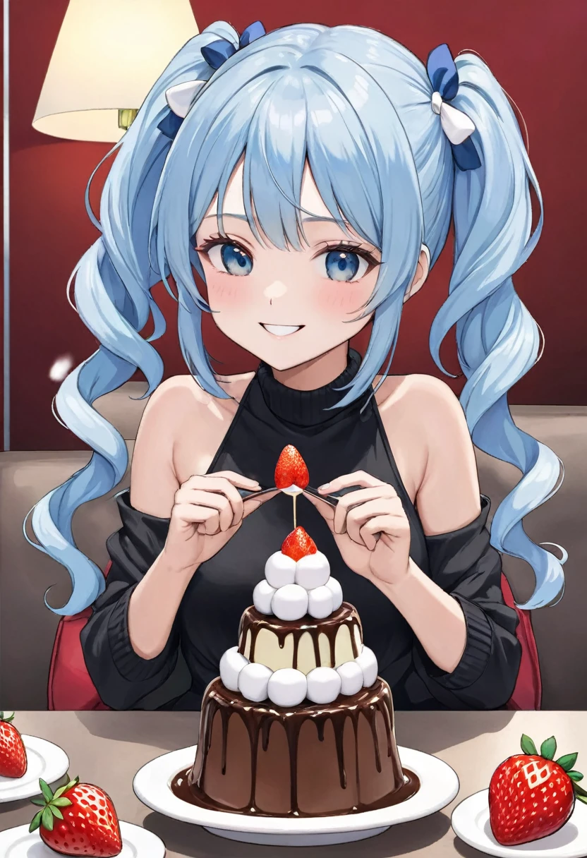 Light blue long hair、Beautiful girl with twin tails、Enjoying a chocolate fondue tower、marshmallow、strawberry、Chocolate Tower、Bright smile