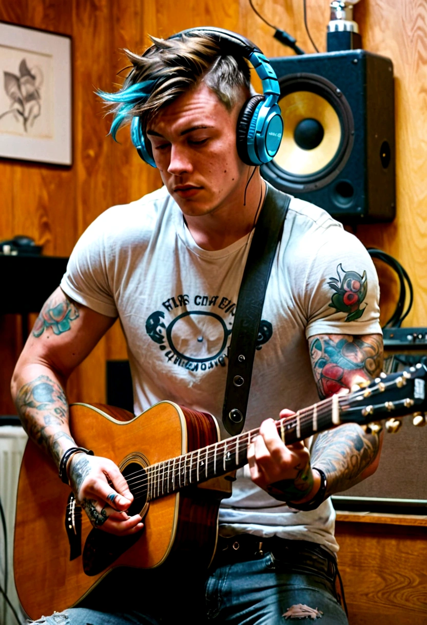 A young man is playing an acoustic guitar in a room that looks unkempt and messy, he wears big headphones in his ears, has short hair, ((big body, stocky, muscular)), and has tattoos on his arms.