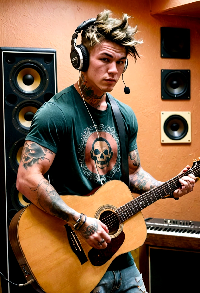 A young man is playing an acoustic guitar in a room that looks unkempt and messy, he wears big headphones in his ears, has short hair, ((big body, stocky, muscular)), and has tattoos on his arms.