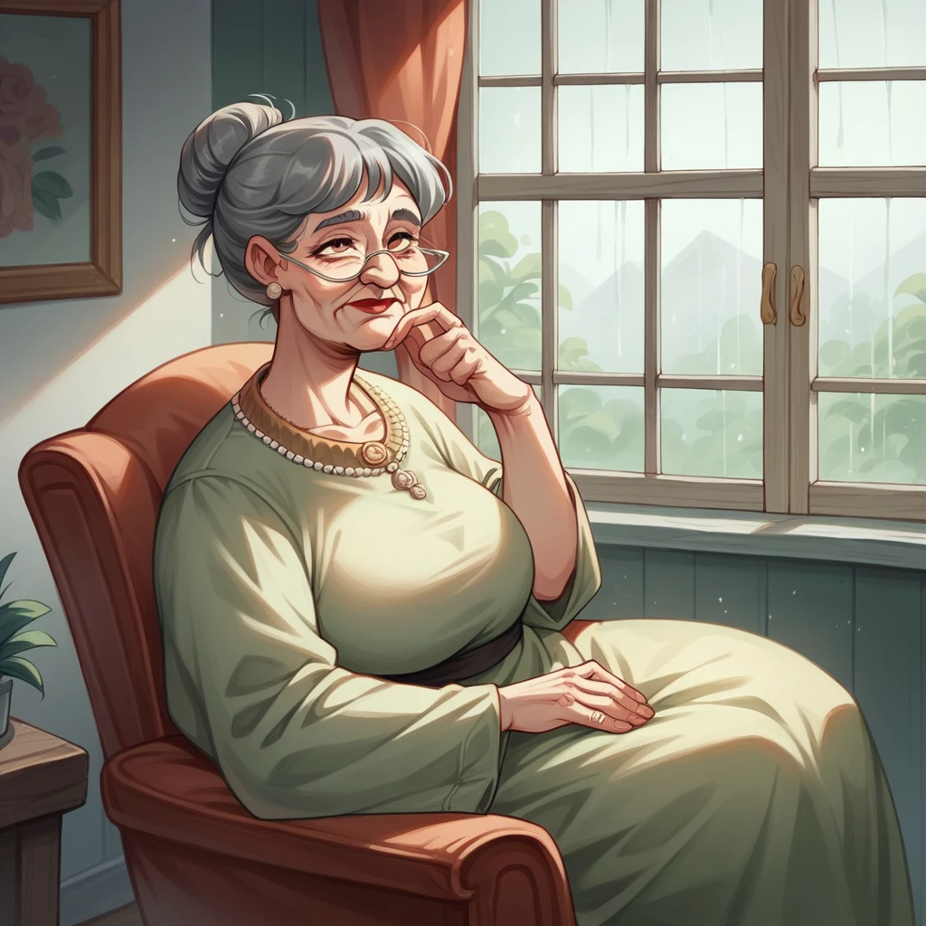 An elderly woman, 70 years old,rosto com rugas,gray hair,bun hairstyle,looking at the rain through the house window,sitting in an armchair,elderly woman&#39;s voluminous body, breasts big,Large belly,elderly woman with obesity,a white blouse with a red cardigan, a pair of baggy pants 