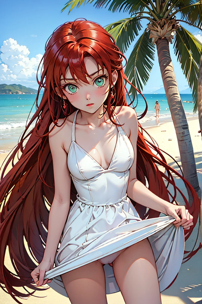 masterpiece, rich colors, Best quality, detailed, high resolution, Hyper quality, high detail, , high quality, detailing, skinny sexy girl on the beach , bright lighting , green eyes, Anime, palm trees, bright lighting, redhead,