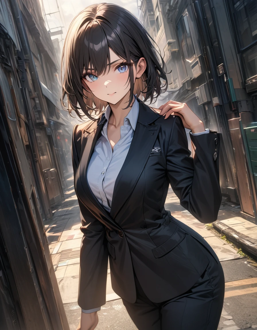 ((Perfect Anatomy:1.2,Realistic:1.3,Raw photo:1.3,masterpiece、Highest quality、Ultra - High resolution、High resolution、Extremely detailed CG、8K)),Cowboy Shot,1 female,alone,18-year-old、High school girl beautiful girl,Japanese,((Beautiful and exquisite face and eyes:1.2,Big beautiful eyes:1.3,)),Black Hair,Shortcuts,slightly larger milk,Slender body,Small Head:1.3,skinny,(White skin:1.4),(Oily skin,Glowing Skin,Shiny skin,Sweat:1.2),(school uniform、Dark blue blazer jacket、Checkered pleated mini skirt),Are standing,Dirty back alley、At night、Tokyo、A little cleavage is exposed