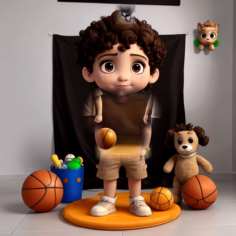 Treatment, Short curly hair, Light brown bun hair, cute pic, lots of toys in the background, solo boy with basketball, boy wearing batman shirt