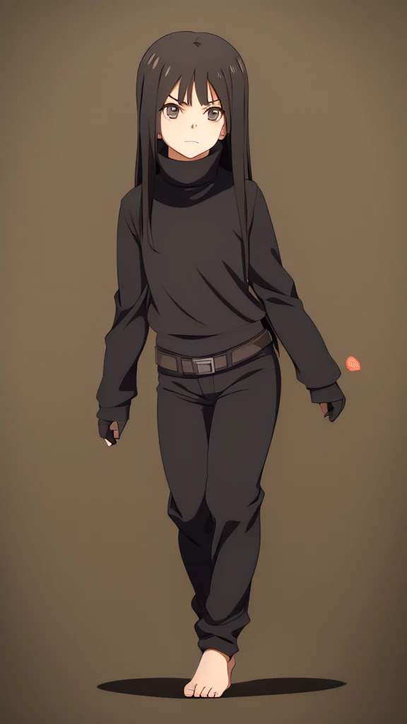 5 year o, Long black hair, Light brown  eyes, black turtleneck, Black pants, Naruto-style ninja outfit, 