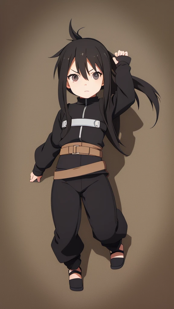 Little 5 year old  Girl, Long black hair, Light brown  eyes, black turtleneck, Black pants, Naruto-style ninja outfit, 