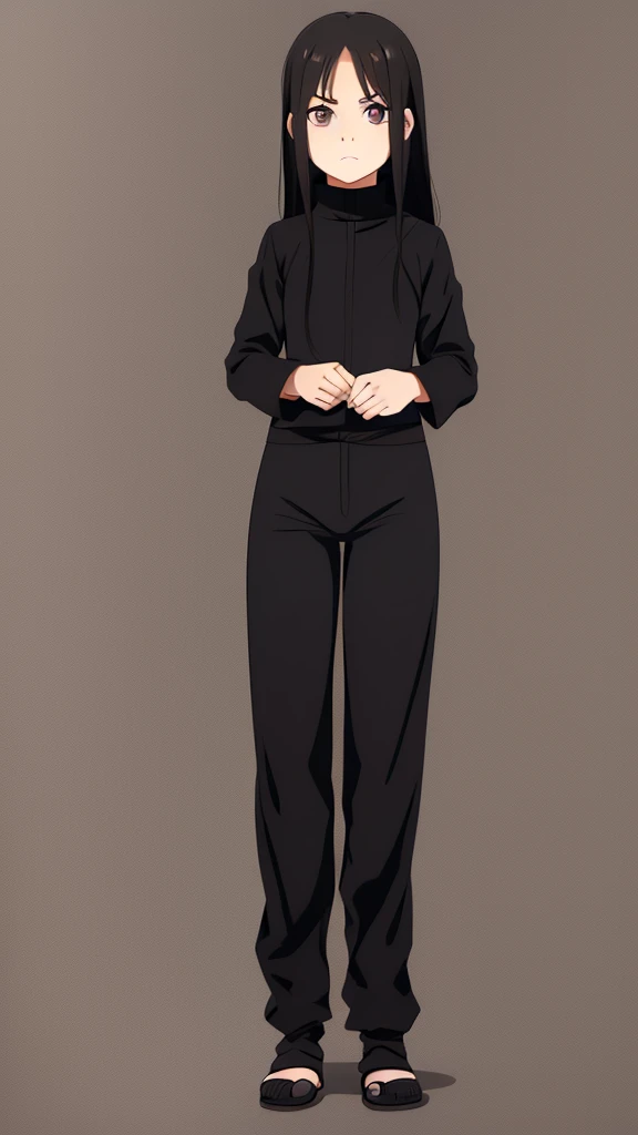 Little 5 year old Girl, Long black hair, Light brown eyes, black turtleneck, Black pants, Naruto-style ninja outfit,