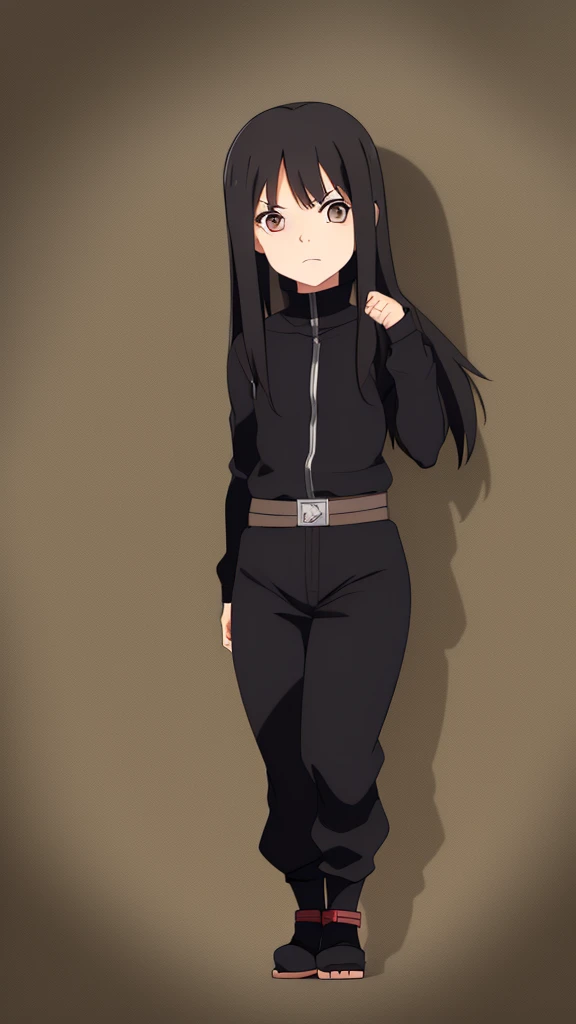 Little 5 year old Girl, Long black hair, Light brown eyes, black turtleneck, Black pants, Naruto-style ninja outfit,