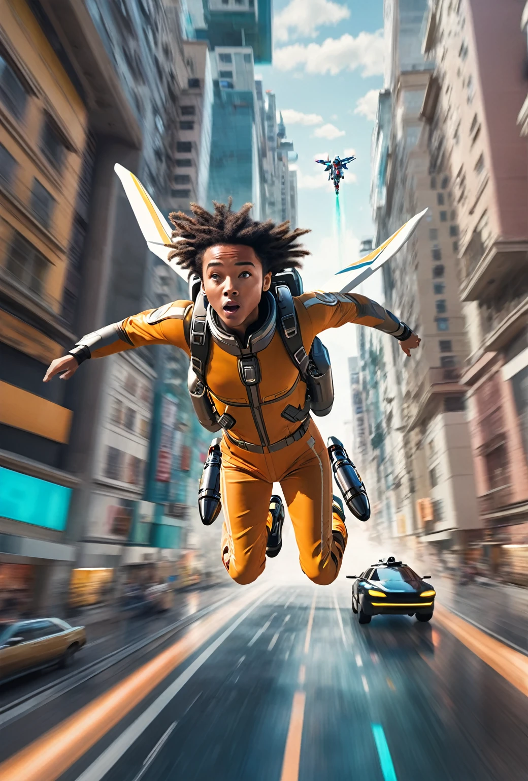 Action shot, motion blur, A bold , Flying over futuristic city with a jet pack, Mimicking the style of Wes Anderson, high detail,