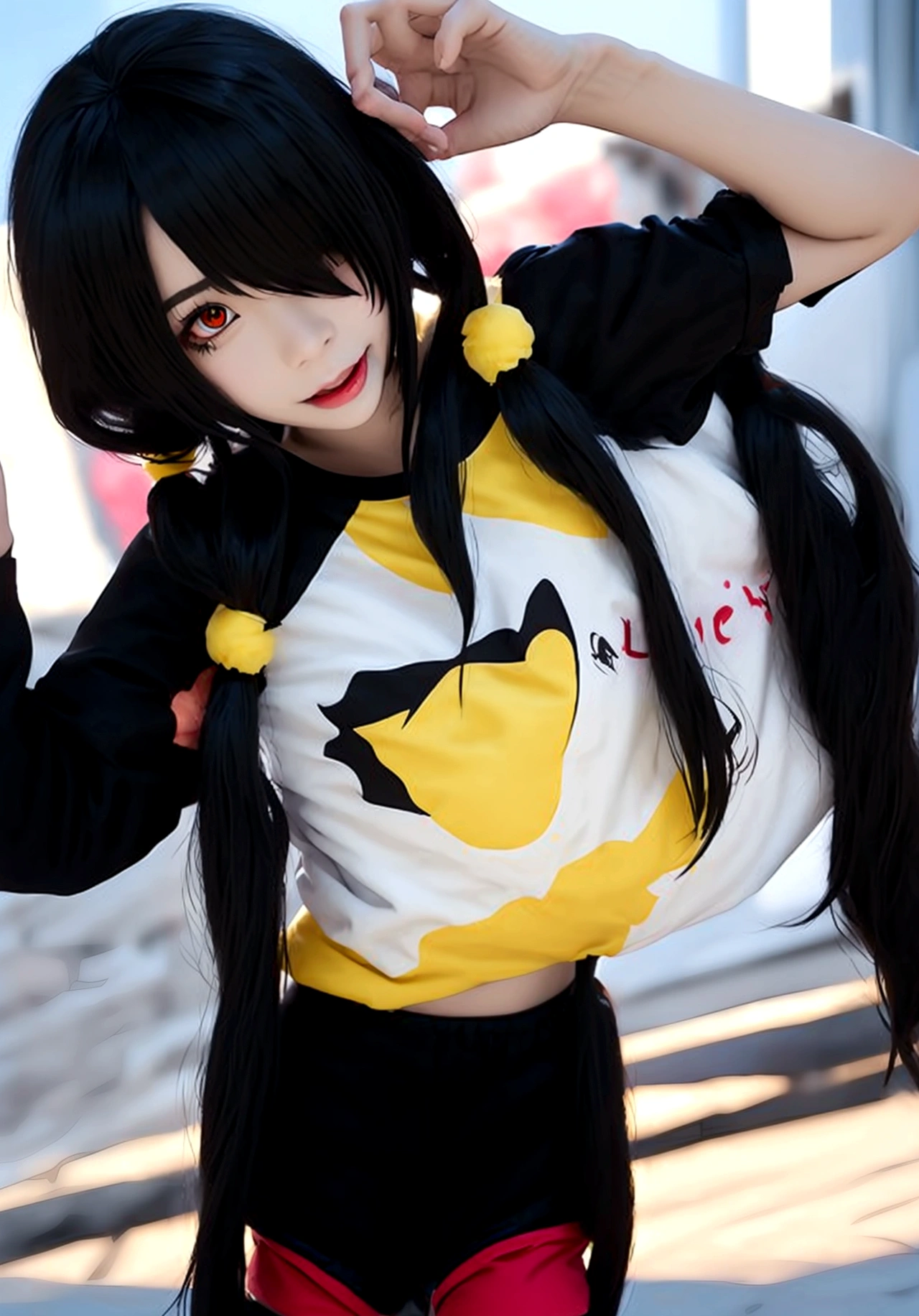 ultra-detailed,highly detailed,best quality,masterpiece,illustration,realistic, photo,photorealistic,
1girl, ((tokisaki kurumi)), cosplay, hair over one eye, (right red eye, left yellow eye), looking at viewer, happy girl, low twintails, ((t-shirts)), (((black hotpants))), hair rings, loafers,
(Outdoors), walking, beach