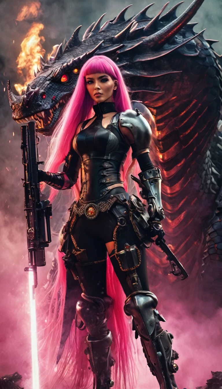 Sexy warrior girl with black steampunk armor, long pink hair, with a big futuristic shotgun, in a battle next to a robotic dragon, fierce battle, dense fog, fire chiaroscuro, sensual, dramatic lighting, moody atmosphere, photorealistic, intricate details, masterpiece, ultra-detailed, high quality, 8k, best quality, realistic, cinematic, dark and brooding, expressionistic, powerful composition, emotional impact, Bill Sienkiewicz inspired art