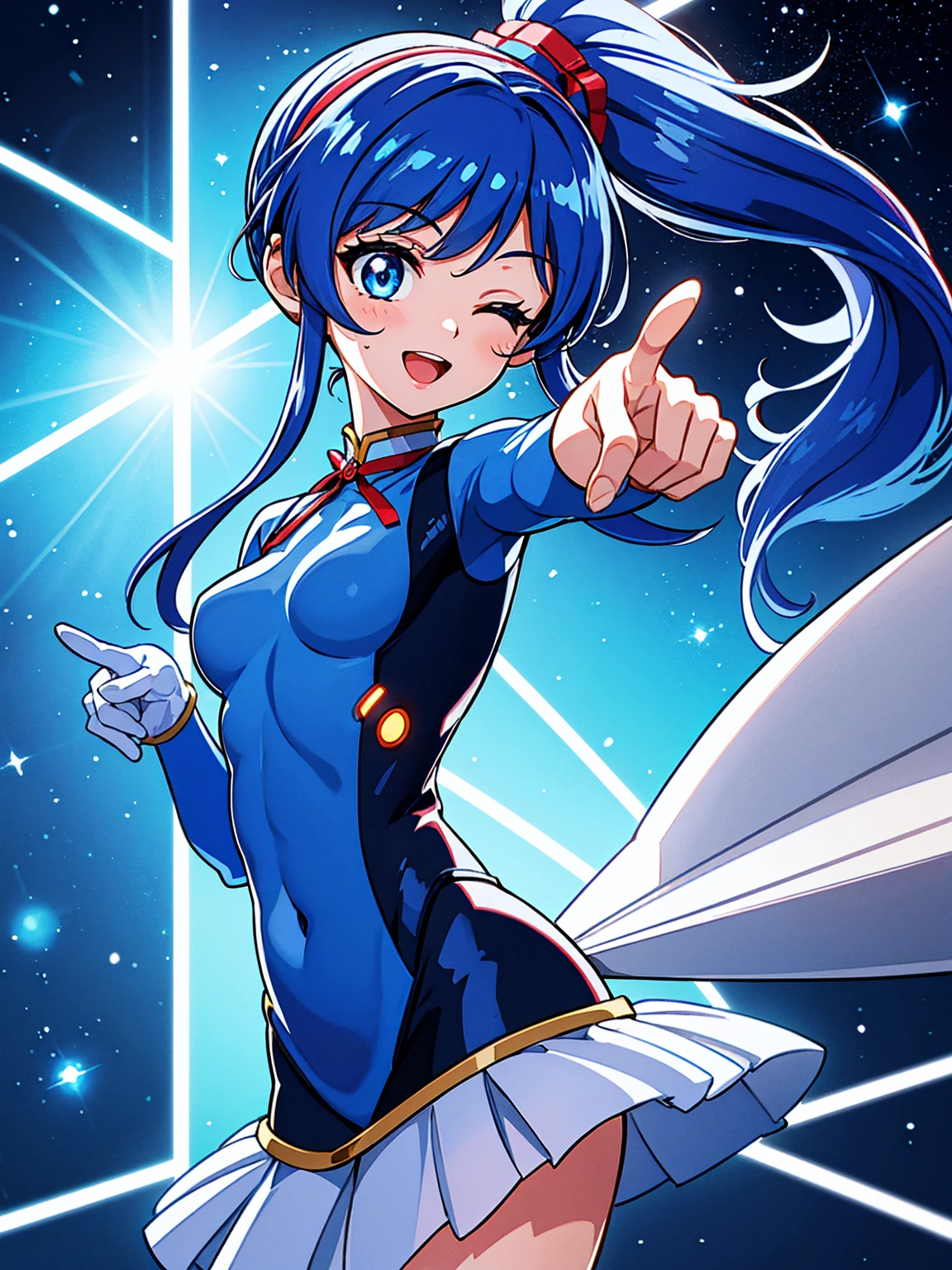 aikatsu,（Overhead view),dynamic angle,ultra-detailed, illustration, close-up, straight on, 1girl, ((blue souryuu asuka langley, interface headset, blue bodysuit:1.4, blue)),Her eyes shone like dreamy stars,(glowing eyes:1.233),(beautiful and detailed eyes:1.1),(expressionless),(standing), (masterpiece, best quality, ultra high res, perfect anatomy, extremely detailed), BREAK, 1girl, 14 years old, red eyes, side_Ponytail, blue hair, very large ribbon in hair, idol costume, BREAK, (finger pointing), (full face), one eye closed, (open mouth), glow eyes, smile, stage light, (mechanic room with toolsand spaceship windowin a white SPACESHIP), (night:1.2),dreamy, [[delicate fingers and hands:0.55]::0.85],(detail fingers),